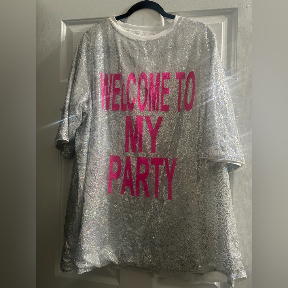 Sequin Party Shirt - Silver with Pink Text
